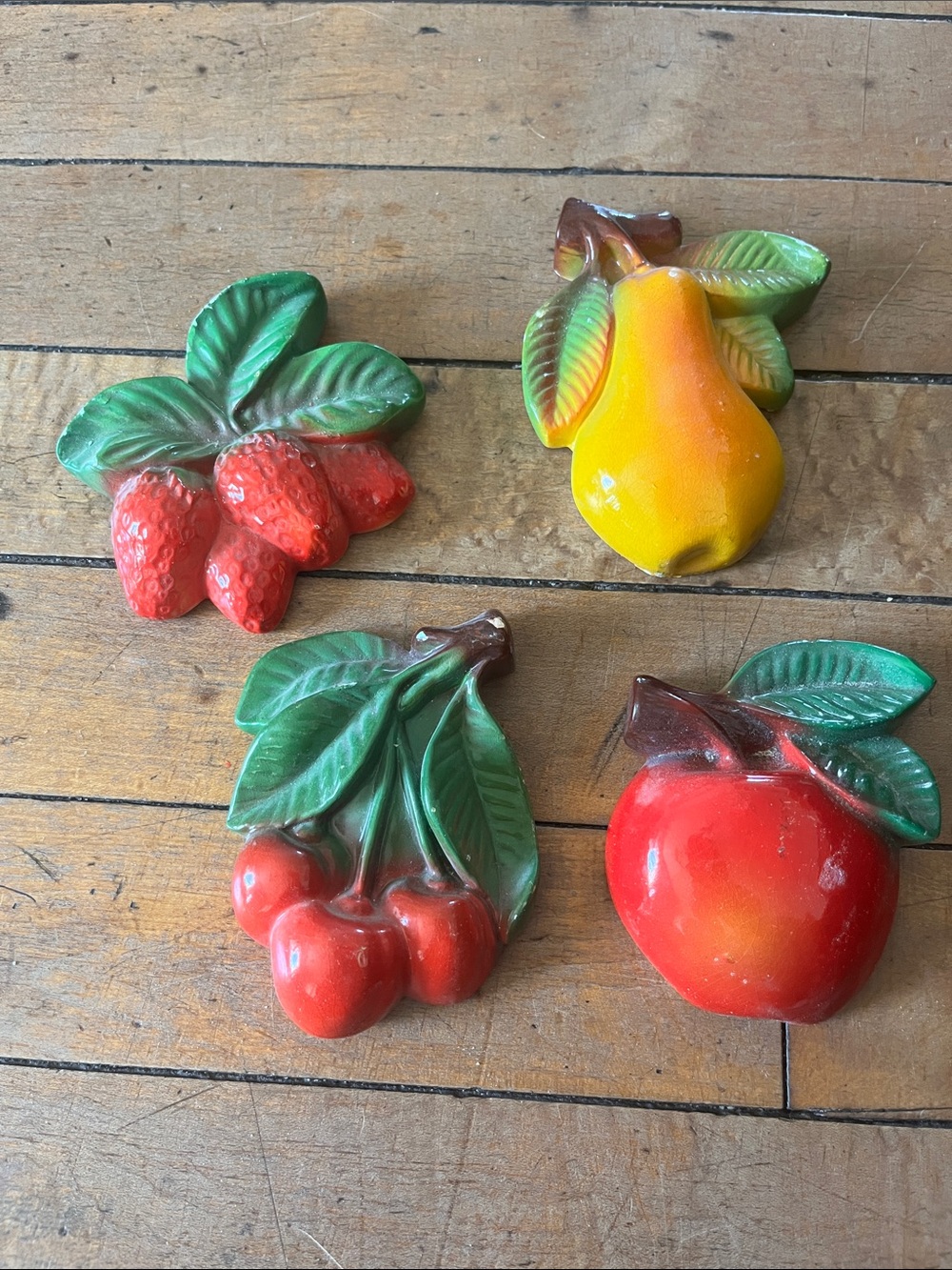 Vintage Chalkware Fruit Wall Plaques - Apple, Pear, Strawberries, Cherries
